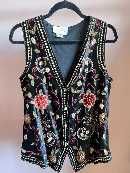 Rene Derhy Jackets & Blazers - Vintage 90s René Derhy Black Velvet Floral Embroidered Boho Sleeveless Vest